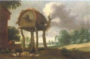 A Dovecote In A Wooded Landscape, With A Man Watching Over His Pigs And Chickens In The Foreground