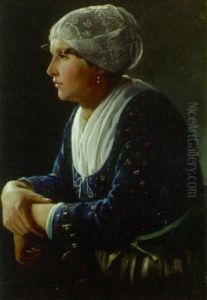 Portraet Af Siddende Kvinde Med Klaede Omkrig Haret by Bernhard Middelboe