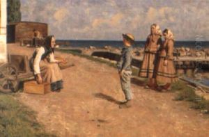 B+rn I Samtale Med Kvinde Ved Et Fiskerleje by Bernhard Middelboe