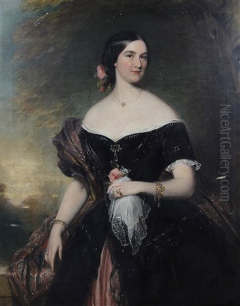 Portrait Of A Lady Wearing A Cashmere Shawl Before A Landscape - view 1