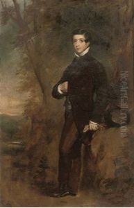 Portrait Of Thomas Edward Fairfax In A Black Coat, Holding Gloves In His Left Hand, In A Landscape by James Godsell Middleton