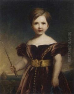 Portrait Of A Girl In A Burgundy Velvet Dress, Holding A Crop And Blue Ribbon, A Landscape Beyond