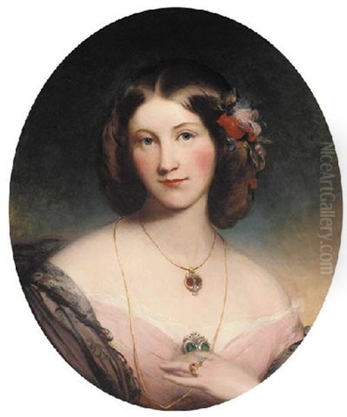 Portrait Of A Lady In A Pink Dress And Black Shawl And Garnet And Diamond Pendant - view 1