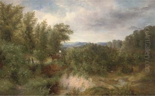 A Horse And Cart On A Wooded Path In An Extensive Landscape - view 1
