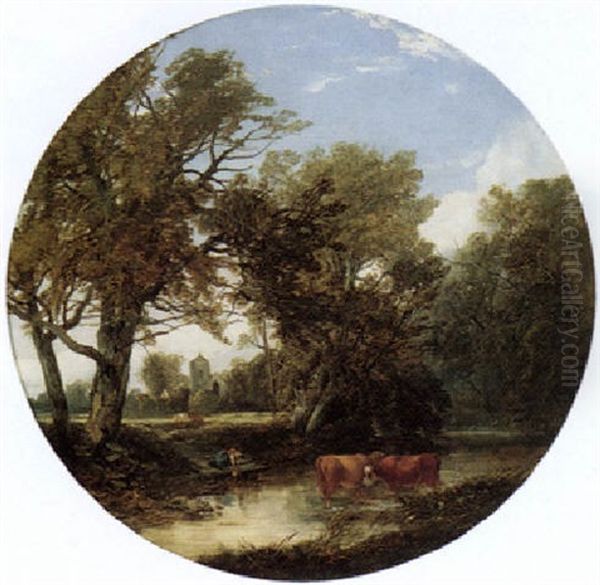 River Landscape With Cattle And A Girl Collecting Water - view 1