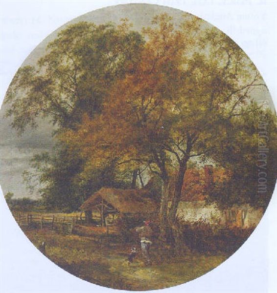 A Farmer With His Dog In A Wooded Landscape, A Sunlit Cottage Beyond - view 1