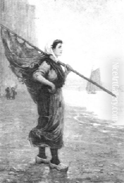 Brittany Fisher Girl On The Coastline With Distant Boats - view 1