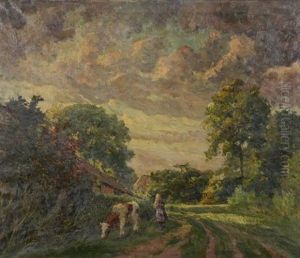 Paysage De Campagne Avec Vache Et Petite Fille by Ernest Midy