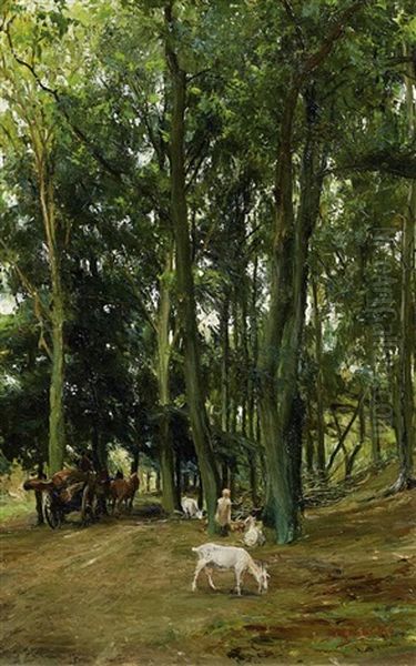 Waldlandschaft Mit Ziegenhirtin Und Fuhrwerk - view 1