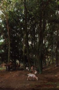 Waldstuck - Pferdefuhrwerk Und Ziegen Auf Einem Waldweg by Johan Miedema