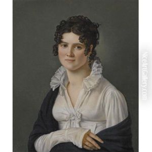 Portrait Of A Lady, Half Length, Wearing A White Muslin Dress And A Black Shawl by Jean Mieg