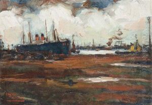 Moored Red Star Line Steamer In The Antwerp Harbour by Eugene van Mieghem