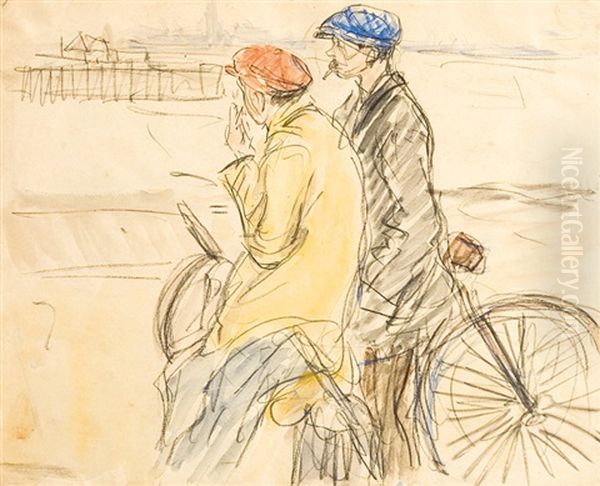 Deux Cyclistes Fumant La Cigarette A La Rive - view 1