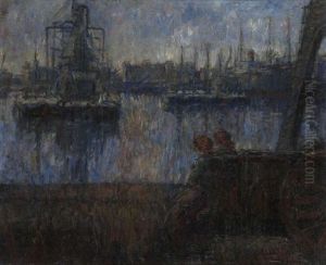 Coucher De Soleil Aux Docks, Environs De L'ecluse Royers by Eugene van Mieghem