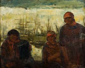 Accordeoniste Et Raccommodeuses De Sacs Au Port by Eugene van Mieghem