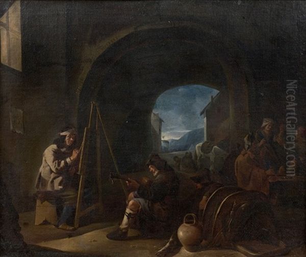 Le Jeune Marchand, Le Peintre Et Le Joueur De Guitare Sous Une Voute (pair) - view 1
