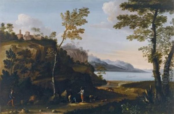 A Wooded Landscape With Peasants Resting On A Track, A Lake Beyond - view 1