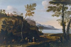 A Wooded Landscape With Peasants Resting On A Track, A Lake Beyond by Jan Miel