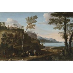 A Wooded Landscape With Peasants Resting On A Track, A Lake Beyond (w/collaborator) by Jan Miel