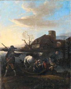 Peasants Crossing A River On A Boat With A Donkey