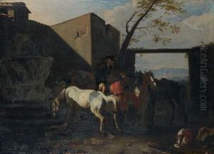 Arret De Cavaliers Devant Une Fontaine by Jan Miel