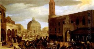Scene De Marche Sur La Place D'une Ville Italienne Avec Des Animaux Exotiques