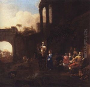 Riders And Elegant Women Drinking Outside An Inn, Some Classical Ruins In The Distance by Jan Miel