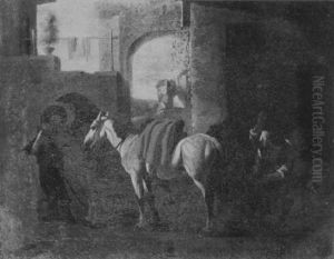 Figures And Horses In A Blacksmith's Forge, Ruins Beyond by Jan Miel