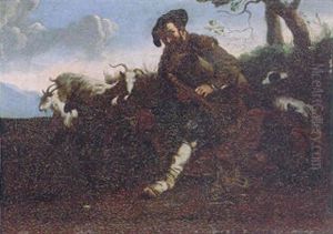 A Shepherd Piping To His Livestock In A Landscape by Jan Miel