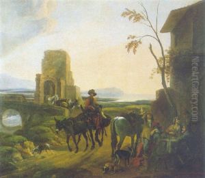 Sosta Di Cavalieri Presso Un Casale Rustico Con Un Paesaggio Marino Sullo Sfondo Sosta Di Cavalieri Presso Un Casale Rustico Con Un Paesaggio Marino Sullo Sfondo
