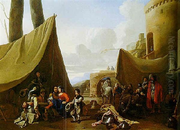 Soldiers And Peasants In Tents Outside The Walls Of A Castle - view 1