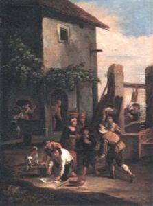 Italian Townsfolk Bartering Outside A Wall