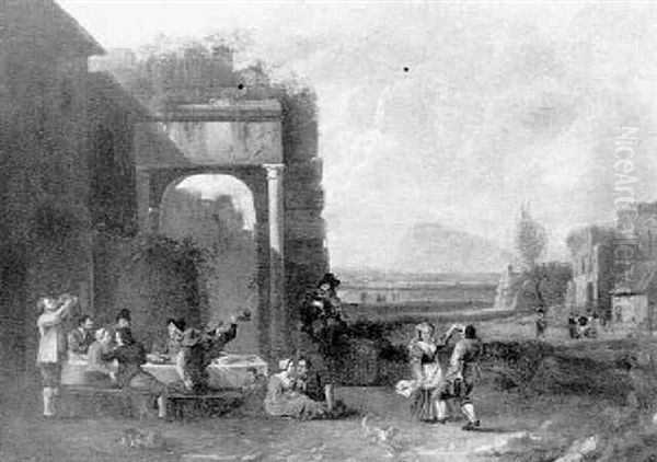 Country Folk Merry Making By A Classical Ruin In An Italianate Landscape - view 1