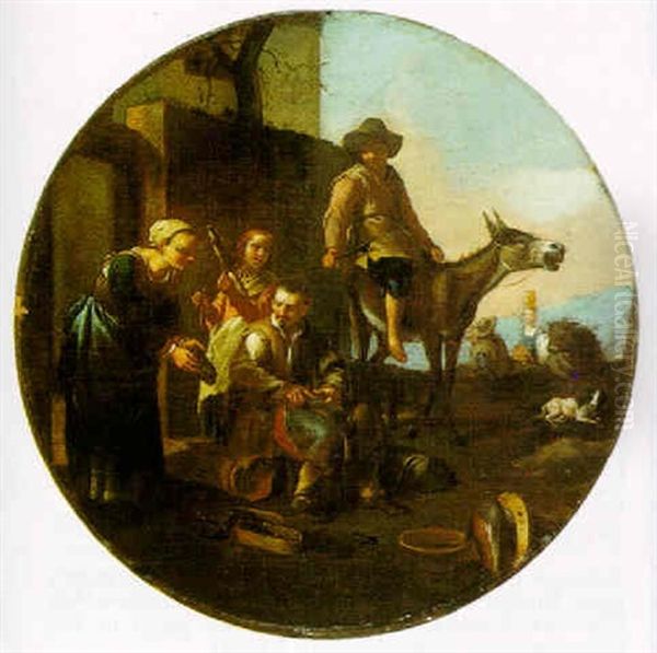 Village Scene With A Cobbler And A Young Boy On A Donkey - view 1