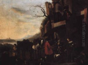 An Elegant Couple Taking Refreshment Outside An Inn by Jan Miel