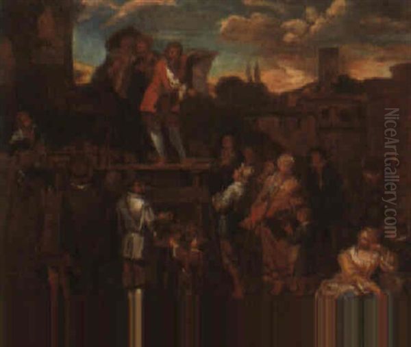 Italianate Town With A Gentleman Making An Announcement From A Platform - view 1
