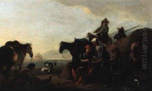 Elegant Huntsmen Resting Along A Road With Old Woman And Boy by Jan Miel