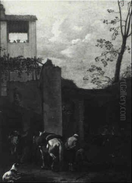 Two Men Playing Boccia In A Roman Courtyard - view 1