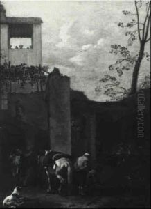Two Men Playing Boccia In A Roman Courtyard