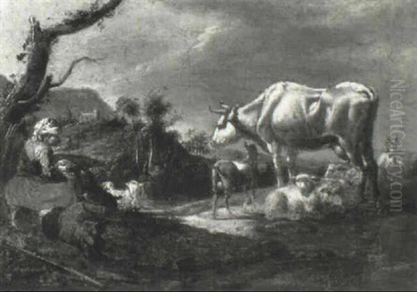 Drover With A Cow, Goats And Sheep In An Italianate Landscape - view 1