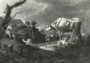 Drover With A Cow, Goats And Sheep In An Italianate Landscape