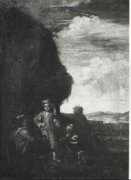 Promeneurs Avec Leurs Chiens Dans Un Paysage - view 1
