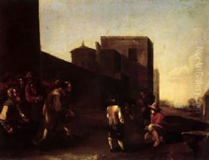 Peasants Playing Bowls Outside The Walls Of A Town by Jan Miel