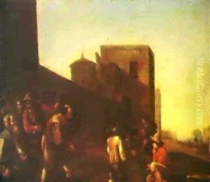Peasents Playing Bowls Outside The Walls Of A Town by Jan Miel