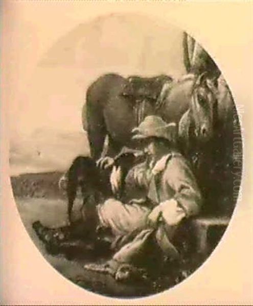 A Hunter Resting After The Chase With His Horse And Hound by Jan Miel