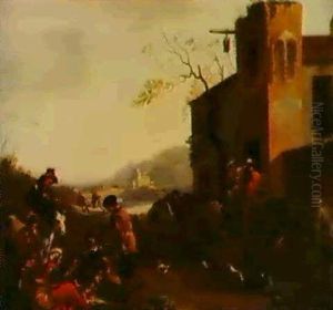 Landscape With Travellers Resting By An Inn. by Jan Miel