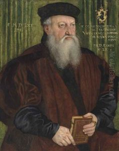 Portrait Of Martin Klostermair (b. 1502), Aged 60, Half-length, In A Brown Coat And Black Hat, Holding A Book by Hans Mielich