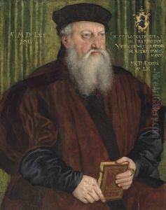 Portrait Of A Martin Klostermair (b. 1502), Aged 60, Half-length, In A Brown Coat And Black Hat, Holding A Book by Hans Mielich