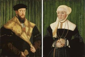 Portrait Of A Gentleman In A Fur-trim Black Gown And Black Cap, A Scroll Of Documents In His Right Hand (+ Portrait Of A Lady In A Black Gown Over A White Bodice; Pair) by Hans Mielich