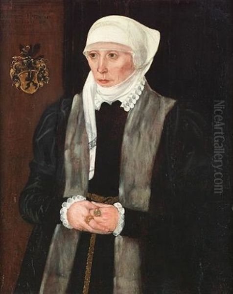 Portrait Of Dorothea Haffnerin, Three-quarter-length, In A Black Fur-trimmed Coat With A White Lace Cap And Ruff, Inscribed With A Coat-of-arms - view 1